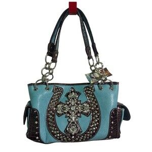 Heritage West Western Fleur-de-Lis Cross Turquoise Studded Shoulder Bag NWT
